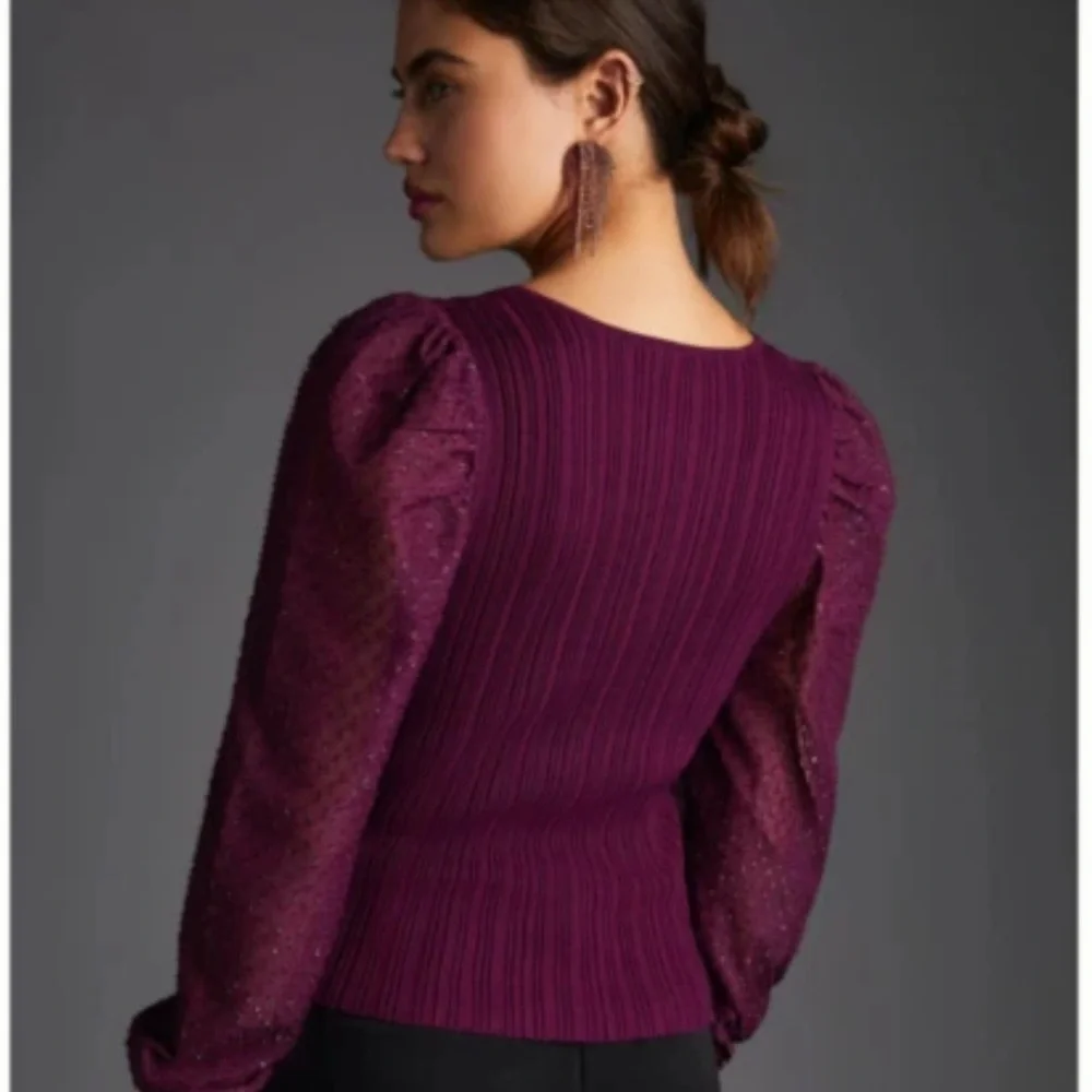 Anthropologie Puff-Sleeve Shimmer Plum Ribbed Knit Top Sheer Puff Sleeves Boho S